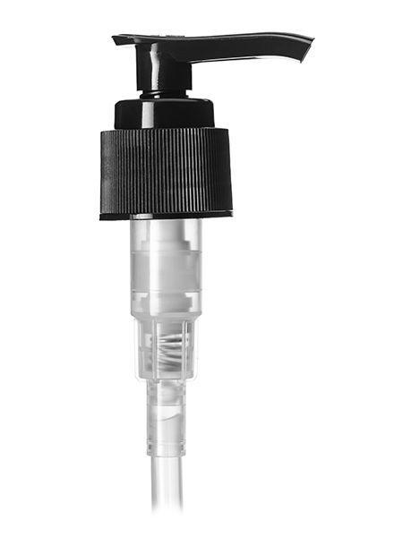 Black plastic lotion pump with ribbed collar and clear dip tube