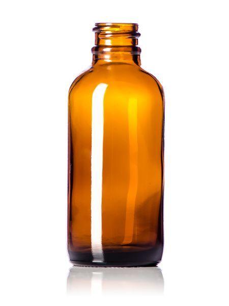 Amber glass Boston round bottle with narrow neck and rounded shoulders