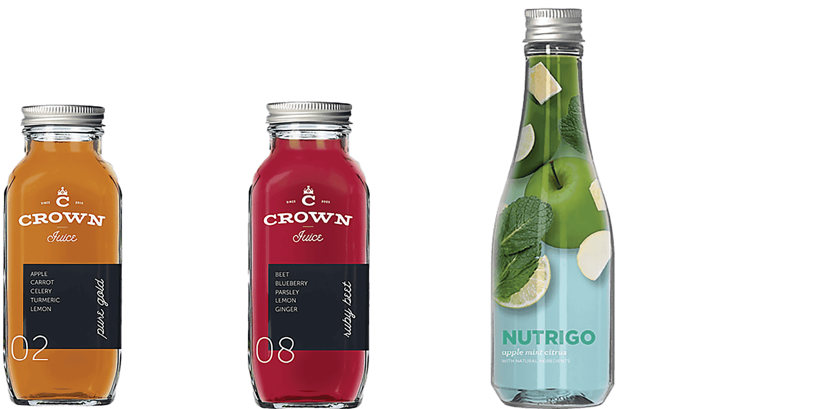 Labeled glass juice and smoothie bottles with metal caps in assorted flavors