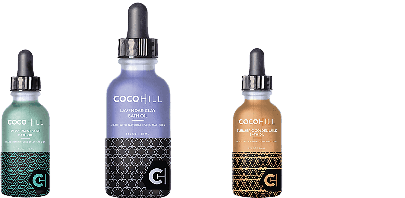 Colored glass dropper bottles labeled for essential oils or skin serums