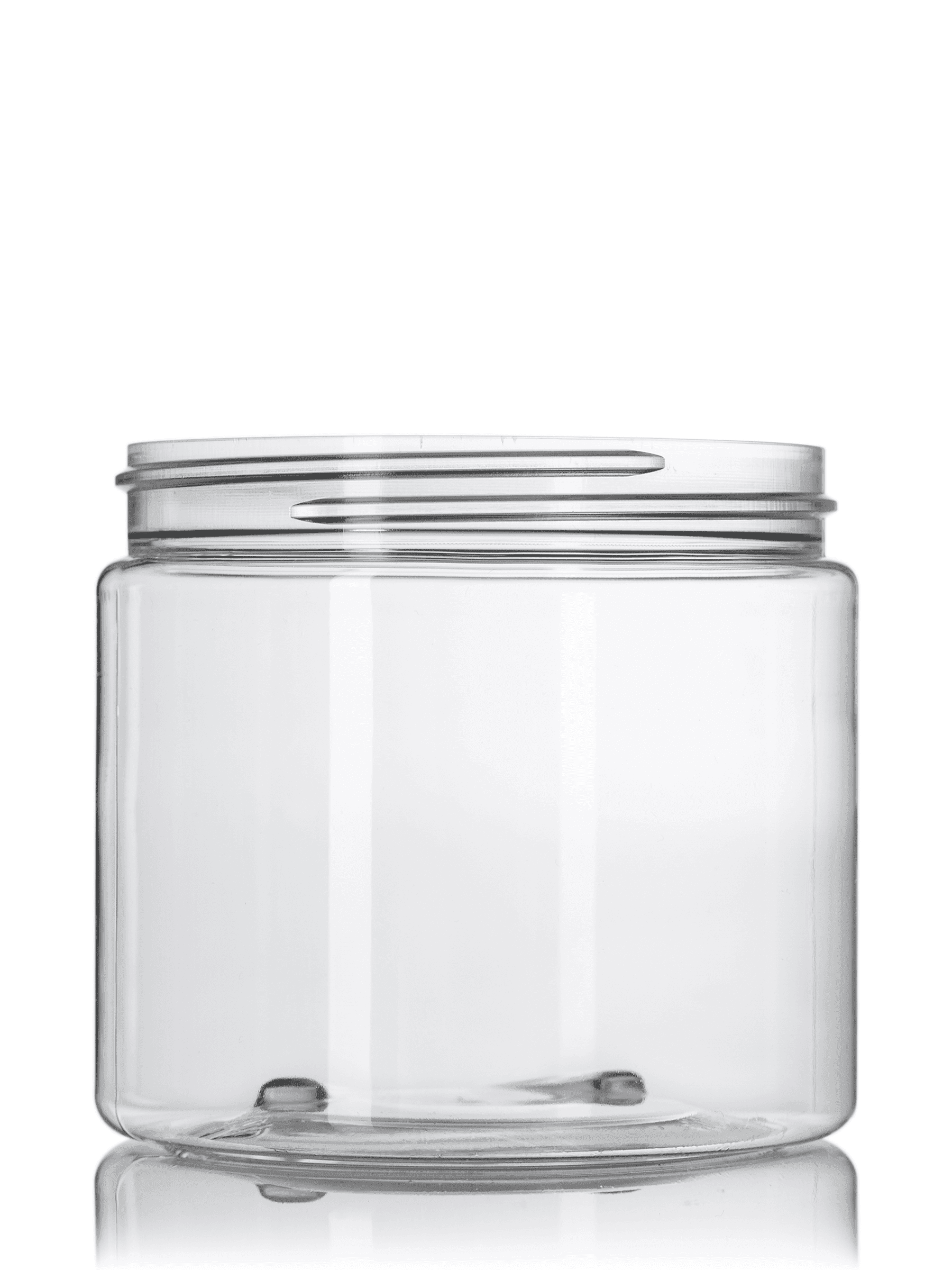 Clear plastic jar with wide-mouth opening for body and skincare products