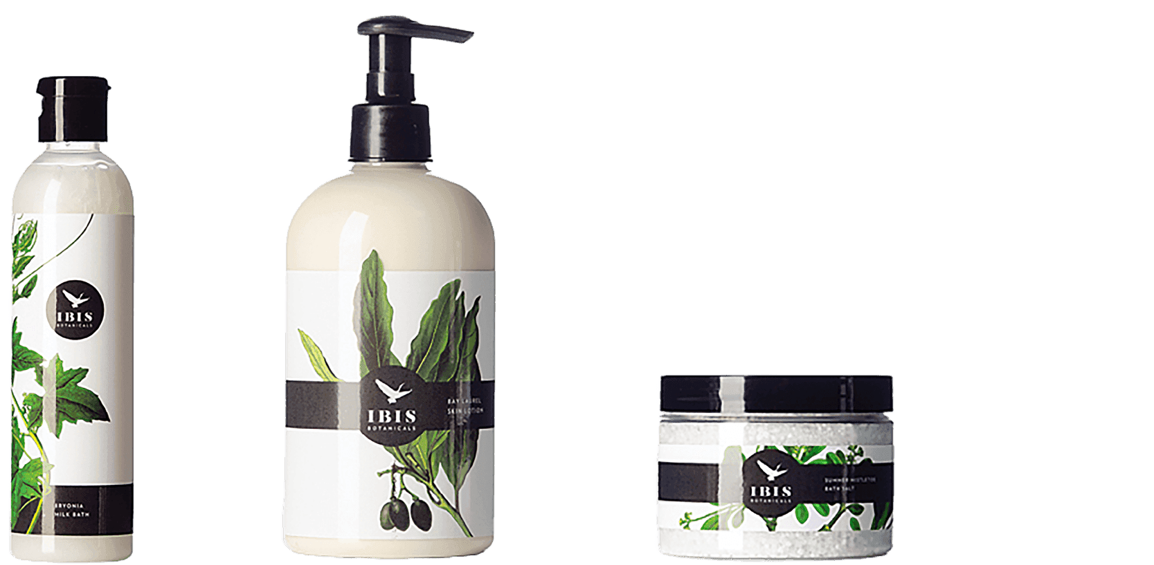 Labeled personal care products including lotion pump, flip-cap bottle, and cosmetic jar with botanical design