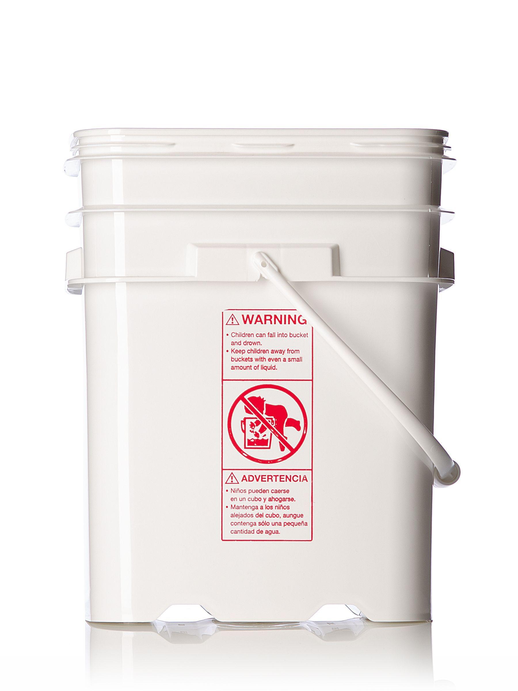 White square plastic pail with swing handle and child hazard warning label