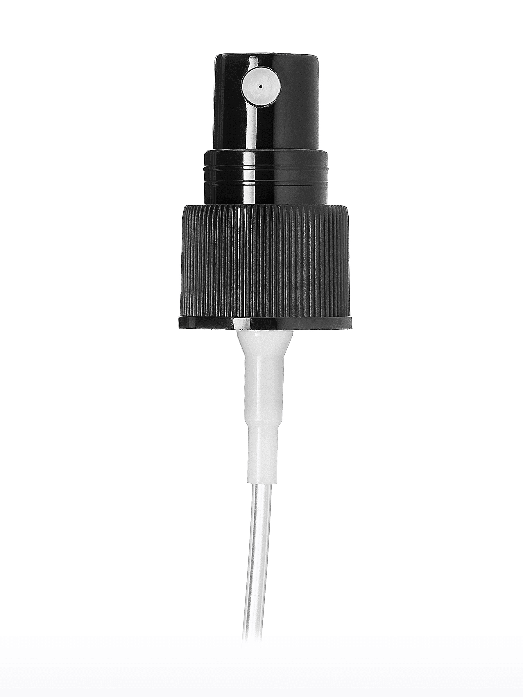 Black fine mist sprayer with ribbed collar and dip tube for fragrance bottles