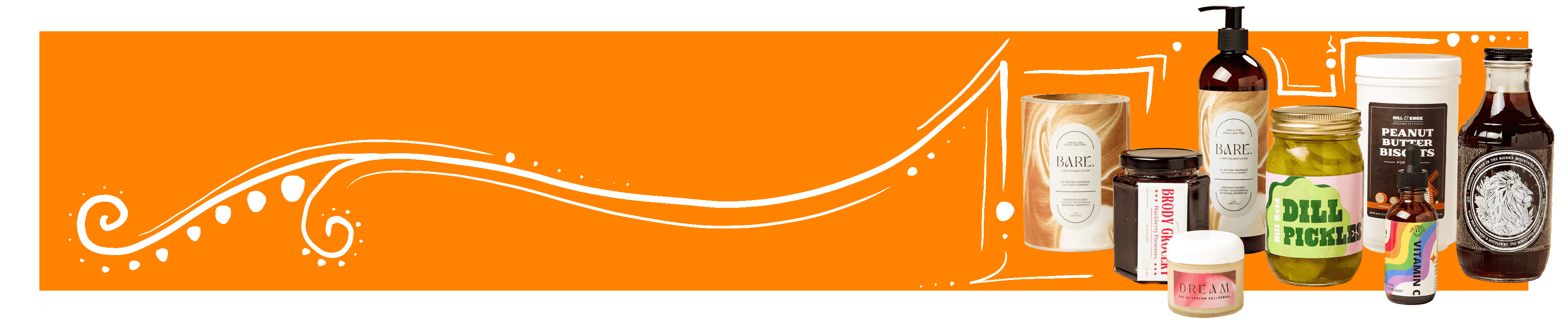 Assorted labeled products on orange background highlighting custom label and printing services