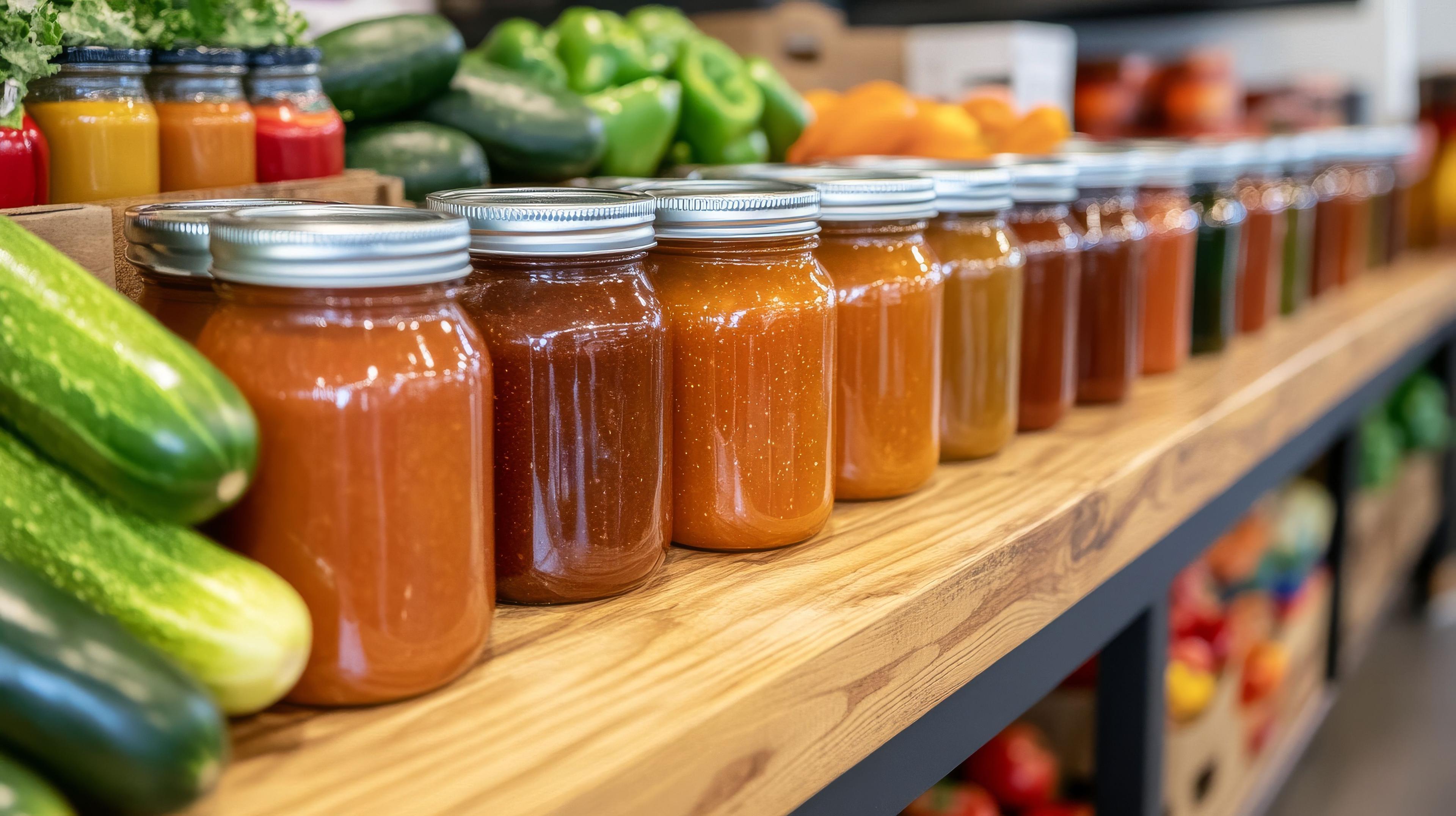 Assorted jars sealed with metal canning lids containing pickled and preserved vegetables