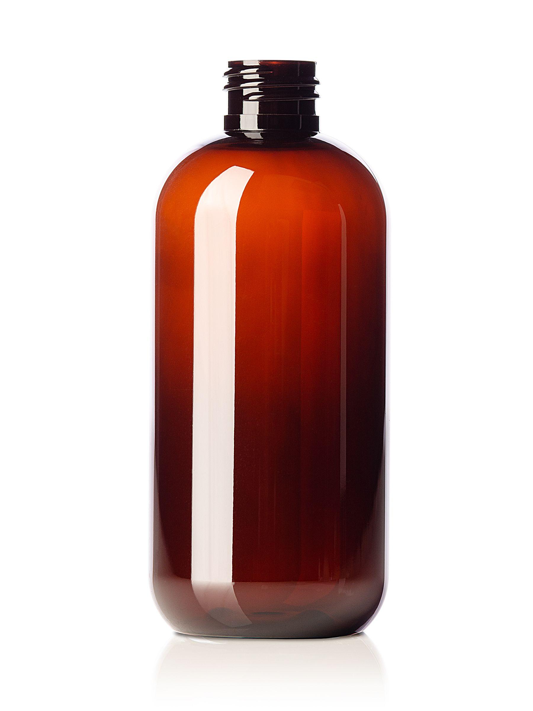 Amber plastic Boston round bottle with narrow neck and rounded shoulders