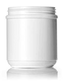 White plastic jar with wide-mouth opening for protein or supplement powders