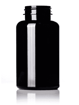 Black plastic vitamin bottle with wide-mouth neck for capsules or supplements